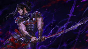  1girl absurdres armor aura biceps black_hair caio_santos dark_aura dark_background fighting_stance gauntlets glowing glowing_sword glowing_weapon hades_(series) hades_2 hair_bun highres holding holding_sword holding_weapon looking_to_the_side muscular muscular_female nemesis_(hades) single_gauntlet single_hair_bun solo sword veins veiny_arms weapon 