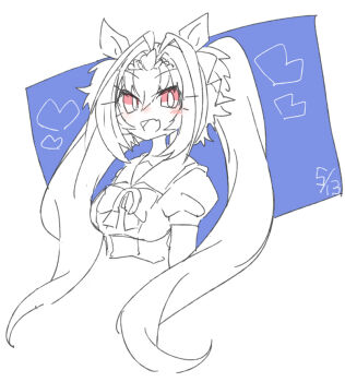  1girl animal_ears beer_hsk blue_background blush breasts commentary_request cropped_torso daiwa_scarlet_(umamusume) dated hair_between_eyes heart horse_ears long_hair medium_breasts puffy_short_sleeves puffy_sleeves red_eyes school_uniform shirt short_sleeves solo tiara tracen_school_uniform twintails two-tone_background umamusume upper_body very_long_hair white_background 