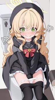  !? 1girl absurdres bathroom beret between_legs black_coat black_dress black_gloves black_hat black_pantyhose black_sailor_collar black_serafuku blonde_hair blue_archive blush bowtie closed_mouth clothes_pull coat collarbone commentary_request covering_privates crying crying_with_eyes_open dashed_eyes dot_nose dress frilled_dress frilled_skirt frills gloves green_eyes hair_between_eyes halo hand_between_legs hands_between_legs hat highres loli long_hair long_sleeves looking_at_viewer on_toilet panties panties_around_leg panty_pull pantyhose pantyhose_pull professor_niyaniya_(blue_archive) red_bow red_bowtie sailor_collar sailor_dress school_uniform serafuku shijima_(shijima_tc) sidelocks sitting skirt solo split_mouth sweatdrop tearing_up tears thighs toilet toilet_paper underwear very_long_hair wavy_hair wavy_mouth white_panties yellow_halo  rating:Sensitive score:54 user:danbooru