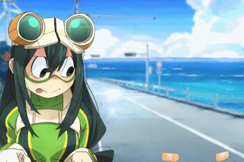  2girls animated annoyed asui_tsuyu bandaid bandaids_on_nipples blinking blue_sky blurry blurry_background bodysuit boku_no_hero_academia bouncing_breasts breasts cloud covered_collarbone day gloves goggles goggles_on_head green_bodysuit green_hair hagakure_toru hair_between_eyes implied_nudity invisible khyle. long_hair looking_at_another looking_to_the_side medium_breasts multiple_girls ocean outdoors pasties sky tagme tongue tongue_out traffic_light video walking wind_turbine windmill 