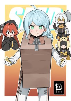  4girls ahoge aqua_eyes aqua_hair black_gloves blindfold_mask blonde_hair blue_hair box braid cardboard_box cardboard_box_gundam clapping commentary_request dragon_horns duct_tape eye_mask fighting_stance flasso gloves goggles hair_between_eyes hair_ornament half_up_braid highres hood hoodie horns long_hair looking_at_viewer mask multiple_girls obol_squad_(zenles_zone_zero) open_mouth orange_eyes orange_hair orphie_magnusson pointy_ears ponytail seed_(zenless_zone_zero) short_hair sidelocks single_glove soldier_11_(zenless_zone_zero) thumbs_up tinted_eyewear triangle_hair_ornament trigger_(zenless_zone_zero) white_hair zenless_zone_zero 