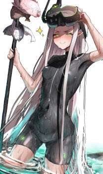  1girl absurdres black_horns black_nails black_wetsuit bodysuit breasts commentary_request diving_mask diving_mask_on_head diving_suit fish forehead goddess_of_victory:_nikke goggles goggles_on_head green_eyes grey_hair highres holding holding_polearm holding_weapon horns iwazaki leviathan_(nikke) long_hair looking_at_viewer pointy_ears polearm simple_background small_breasts smile smug snorkel spear very_long_hair weapon wet wetsuit 