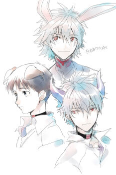  11kkr 2boys animal_ears blue_eyes closed_mouth collared_shirt commentary_request dog_ears dss_choker evangelion:_3.0_you_can_(not)_redo horns ikari_shinji looking_at_viewer male_focus mecha_pilot_suit multiple_boys multiple_views nagisa_kaworu neon_genesis_evangelion plugsuit_(evangelion) rebuild_of_evangelion red_eyes shirt short_hair simple_background smile translation_request white_background white_shirt 