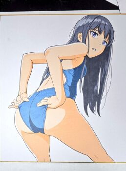  1girl adjusting_clothes adjusting_swimsuit armpits ass comiket_107 commentary_request competition_school_swimsuit from_behind hiyori_mizuki inoue_takina leaning_forward long_hair lycoris_recoil marker_(medium) one-piece_swimsuit open_mouth photo_(medium) purple_eyes purple_hair school_swimsuit shikishi simple_background swimsuit thighs traditional_media white_background 