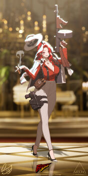  1girl :q absurdres artist_name black_nails black_shoes blurry blurry_background breasts chest_tattoo cigar collared_shirt commentary crossed_legs dress_shirt drum_magazine english_commentary fedora formal_clothes full_body grey_hat grey_jacket grey_pants gun handgun hat high-waist_pants high_heels highres holding holding_cigar holding_gun holding_weapon holster holstered jacket jacket_on_shoulders large_breasts long_hair long_sleeves looking_at_viewer magazine_(weapon) nail_polish original pants pinstripe_jacket pinstripe_pants pinstripe_pattern pinstripe_suit pumps qs_(qs_0222) red_eyes red_hair red_shirt shirt shoes signature skindentation smoke smoking solo standing submachine_gun suit suit_jacket suspenders tattoo thigh_holster thigh_strap thompson_submachine_gun tongue tongue_out trigger_discipline very_long_fingernails weapon 