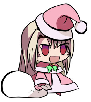  capelet chibi christmas dress fate_(series) hat holding holding_sack illyasviel_von_einzbern meme padoru_(meme) pink_capelet pink_dress pink_hat sack santa_costume santa_dress santa_hat white_background yasukochaos 