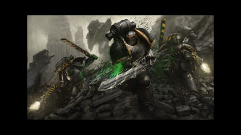  5boys adeptus_astartes alien armor barabas_dantioch bolter building chainsword commentary english_commentary firing full_armor gun highres holding holding_gun holding_weapon iron_warriors multiple_boys power_armor power_sword rubble ruins tibz-ollier warhammer_40k weapon 