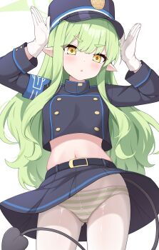 1girl absurdres armband belt belt_buckle black_belt black_shirt black_skirt black_tail blue_archive blue_armband blush buckle clothes_lift cropped_shirt demon_tail enru gloves green_hair green_halo green_panties halo hands_up hat highres hikari_(blue_archive) loli long_hair long_sleeves looking_at_viewer midriff navel open_mouth panties pantyhose peaked_cap pointy_ears shirt simple_background skirt skirt_lift solo stomach striped_clothes striped_panties tail underwear v-shaped_eyebrows white_background white_gloves white_pantyhose yellow_eyes rating:Sensitive score:41 user:danbooru