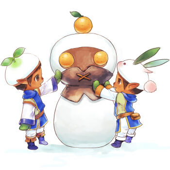 2boys 7029 absurdres adventurer_(ff11) brown_hair character_snowman commentary_request final_fantasy final_fantasy_xi food fruit green_mittens hat highres male_focus mandragora_(final_fantasy) mittens multiple_boys orange_(fruit) pointy_ears short_hair simple_background snowman tarutaru white_background white_hat