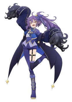  :d boots dynamic_pose hair_ribbon halo heterochromia highres key_visual knee_boots long_eyelashes long_sleeves mika_magica navel nekoromancer off_shoulder official_art open_mouth pink_eyes pointy_ears promotional_art purple_hair red_eyes ribbon self-upload shorts sky slit_pupils smile star_(sky) star_(symbol) star_halo starry_sky tentacle_hands tentacles tentacles_under_clothes thigh_strap tooth vampire white_background 