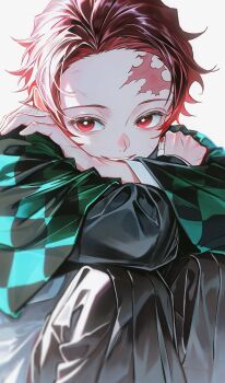  1boy arms_on_knees checkered_haori commentary_request demon_slayer_uniform earrings forehead hanafuda_earrings haori highres hrak_mumi japanese_clothes jewelry kamado_tanjirou kimetsu_no_yaiba knees_to_chest knees_up looking_at_viewer male_focus red_eyes scar scar_on_face scar_on_forehead short_hair simple_background solo white_background 