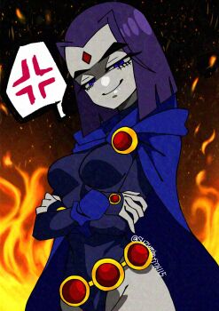 1girl anger_vein angry belt black_leotard blush breasts cape colored_skin crossed_arms cup curvy dc_comics fiery_background fire forced_smile grey_skin highleg highleg_leotard leotard long_sleeves mug raven_(dc) shaded_face shiny_skin short_hair smile spoken_anger_vein suzumbati76115 teen_titans twitter_username white_background wide_hips
