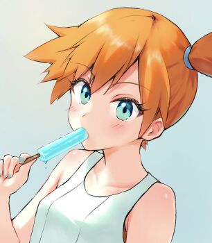 1girl aqua_eyes asymmetrical_hair bare_shoulders blue_eyes blue_nails blush breasts eating eyelashes food food_in_mouth hair_tie hand_up holding holding_food looking_at_viewer misty_(pokemon) nail_polish nintendo orange_hair pokemon pokemon:_let's_go_pikachu!_and_let's_go_eevee! pokemon_(anime) pokemon_red/green/blue/yellow ponytail popsicle shirt short_hair side_ponytail sleeveless sleeveless_shirt solo tank_top upper_body white_shirt