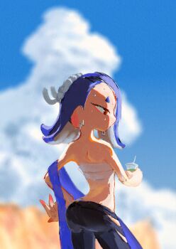  1girl ass blue_hair blurry blurry_background capelet chest_sarashi couldoh cowboy_shot cup drink drinking_straw earrings from_behind hand_on_own_hip jewelry nejiri_hachimaki nintendo octoling off_shoulder outdoors pants red_eyes sarashi shiver_(deep_cut_outfit)_(splatoon) shiver_(splatoon) solo splatoon_(series) splatoon_3 standing sweat tentacle_hair torn_clothes torn_pants  rating:Sensitive score:1 user:HomeStruck