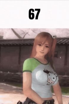  1girl 67_(meme) animated animated_gif bad_tag big_breasts bouncing_breasts breast_focus breasts breasts_bouncing dead_or_alive dead_or_alive_5 flopping_breasts gloves hair_ornament honoka_(doa) in_game looking_at_viewer meme meme_caption meme_reference pink_hair red_eyes shirt solo t-shirt template 
