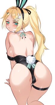  1girl absurdres all_fours animal_ear_hairband animal_ears ass ass_focus back backboob bare_back bare_shoulders black_leotard black_survival blonde_hair blue_eyes blush breasts cameltoe carrot_hair_ornament charon_(duddnd2361) commentary_request eternal_return:_black_survival fake_animal_ears food-themed_hair_ornament from_behind hair_ornament hairband highleg highleg_leotard highres korean_commentary large_breasts leotard long_hair looking_at_viewer looking_back nicky_blake nicky_blake_(bad_beat) official_alternate_costume partially_visible_vulva playboy_bunny ponytail pout rabbit_ear_hairband rabbit_ears rabbit_hair_ornament rabbit_tail shoulder_blades simple_background solo strapless strapless_leotard tail thighs white_background 