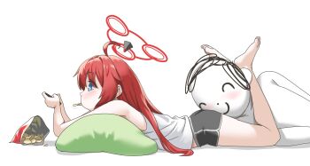  1boy 1girl ahoge arms_up bag_of_chips bare_arms bare_legs bare_shoulders barefoot black_shorts blue_archive blue_eyes blush bright_pupils chips_(food) dolphin_shorts doodle_sensei_(blue_archive) eating food_in_mouth from_side full_body full_moon halo holding holding_phone legs_up long_hair looking_ahead looking_at_phone lying maki_(blue_archive) moon on_stomach phone pillow potato_chips red_hair red_halo scissorhold sensei_(blue_archive) short_shorts shorts simple_background solo_focus straight_hair tank_top toes tscplayer white_background white_pupils white_tank_top 