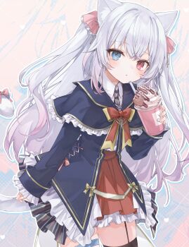  1girl absurdres animal_ears black_thighhighs blue_eyes bow cat_ears cat_girl commentary_request dress food garter_straps heterochromia highres ice_cream jewelry kanzaki_ririka long_hair original red_eyes thigh_strap thighhighs virtual_youtuber white_hair 