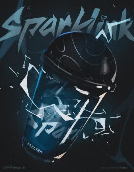  absurdres blue_background blue_theme commentary cup disposable_cup drink electricity energy english_commentary fake_ad highres no_humans object_focus original titanartx 