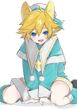  1boy absurdres alternate_costume animal_ears aotu_world aqua_capelet aqua_shirt aqua_shorts blonde_hair blue_eyes blush capelet chinese_commentary commentary_request extra_ears fangs fox_boy full_body hair_between_eyes hat highres jewelry kemonomimi_mode king_(aotu_world) long_sleeves looking_at_viewer male_focus necklace open_mouth pointy_ears pokemon68872 pom_pom_(clothes) sailor_collar sailor_hat shirt shoes short_hair shorts simple_background sitting smile socks solo wariza white_background white_hat white_socks 