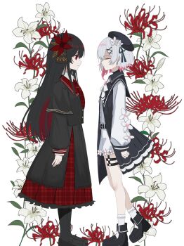  2girls beret black_dress black_hair black_hat black_pantyhose black_shirt black_shoes black_skirt closed_mouth collared_shirt dress floral_background flower from_side full_body gradient_hair hair_flower hair_ornament hashtag-only_commentary hat highres hojjam lily_(flower) long_hair long_sleeves mahou_shoujo_no_majo_saiban multicolored_hair multiple_girls nikaido_hiro pantyhose pleated_skirt profile red_eyes red_flower sakuraba_ema shirt shoes short_hair shorts skirt smile socks spider_lily standing white_background white_flower white_hair white_shorts white_socks x_hair_ornament 