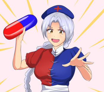  1girl :d blue_hat blush braid braided_ponytail breasts commentary_request cross cross_print dress hat hidaruma holding holding_pill long_hair open_mouth oversized_object pill red_cross sash short_sleeves smile solo touhou two-tone_dress white_hair white_sash yagokoro_eirin yellow_eyes 
