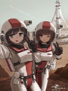  2girls absurdres backpack bag belt black_hair blue_eyes bodysuit brown_hair camera dated helmet highres mars_(planet) multiple_girls one_eye_closed open_mouth original red_eyes science_fiction selfie signature smile space_elevator space_helmet spacesuit teeth teisei_misagi v  rating:General score:12 user:danbooru