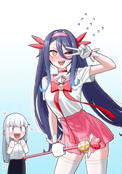  2girls :d absurdres ayatsuno_yuni blue_hair blush bow bowtie chobeog commentary_request contrapposto cowboy_shot gangzi_(vtuber) gloves gradient_background grey_hair hair_between_eyes hairband hand_up heart heart_in_mouth highres holding holding_staff korean_commentary long_bangs long_hair magical_girl miniskirt multiple_girls nose_blush one_eye_closed open_mouth pink_sailor_collar pink_skirt pleated_skirt purple_eyes red_bow red_bowtie red_hairband sailor_collar school_uniform serafuku shirt shirt_tucked_in short_sleeves skirt smile staff standing stellive sweat thighhighs twintails v v-shaped_eyebrows v_over_eye virtual_youtuber white_gloves white_shirt white_thighhighs yellow_eyes zettai_ryouiki 
