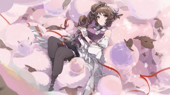  1girl animal_ears ardelia_(arknights) arknights arknights:_endfield bare_shoulders black_skirt black_thighhighs blush brown_hair closed_mouth coat detached_sleeves drill_hair eyjafjalla_(arknights) fingerless_gloves gloves highres horns long_hair looking_at_viewer official_art purple_eyes purple_shirt sheep sheep_ears sheep_girl sheep_horns shirt skirt smile solo thighhighs uki_atsuya white_coat white_gloves white_sleeves 