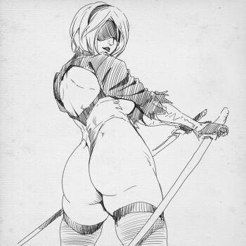  1girl 2b_(nier:automata) ass black_hairband blindfold breasts closed_mouth from_behind from_below grabbing_own_breast hair_over_one_eye hairband high_heels huge_ass large_breasts leotard misaki_yukihiro nier:automata nier_(series) short_hair solo sword tagme thick_thighs thighhighs thighs weapon white_hair  rating:Sensitive score:20 user:JoshkLmi