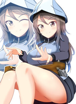  1girl ass blush breasts brown_eyes brown_hair closed_mouth girls_und_panzer gratin_(kumaisao) instrument jacket kantele keizoku_military_uniform large_breasts long_hair looking_at_viewer mika_(girls_und_panzer) military military_uniform multiple_views one_eye_closed simple_background smile thighs track_jacket white_background wink 