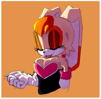  1girl animal_ears animal_nose apotozz black_bodysuit black_eyeliner bodysuit breasts brown_eyeshadow cleavage clenched_hand closed_eyes cosplay eyelashes eyeliner furry furry_female gloves large_breasts makeup orange_fur orange_hair rabbit_girl rouge_the_bat rouge_the_bat_(cosplay) simple_background sonic_(series) vanilla_the_rabbit very_long_ears white_gloves yellow_fur 