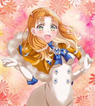  1girl annette_fantine_dominic annette_fantine_dominic_(timeskip) birthday breasts cape commentary_request dress elbow_gloves fire_emblem fire_emblem:_three_houses floral_background fur-trimmed_cape fur_trim gloves green_eyes happy_birthday highres looking_at_viewer medium_breasts medium_hair nintendo open_mouth orange_background orange_cape orange_hair pink_background rein_rise solo upper_body wavy_hair white_dress yellow_background 