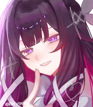  1girl absurdres blush bright_pupils columbina_(genshin_impact) commentary_request genshin_impact gradient_hair hair_ribbon highres index_finger_raised long_hair looking_at_viewer multicolored_hair parted_lips portrait purple_eyes purple_hair ribbon rin1719073 simple_background solo twitter_username white_background white_pupils white_ribbon 