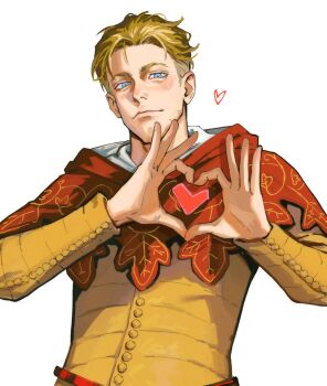  1boy blonde_hair blue_eyes hans_capon heart heart_hands highres kingdom_come:_deliverance kingdom_come:_deliverance_ii pp46_ solo solo_focus white_background  rating:General score:0 user:Dwan2227