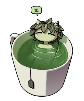  1girl adventure_time child closed_eyes coffee_mug colored_skin cup discount-supervillain green_hair green_skin horns huntress_wizard mini_person minigirl monster_girl mug no_mouth no_nose nude partially_submerged plant_hair sleeping solo speech_bubble tea toon_(style) wet 