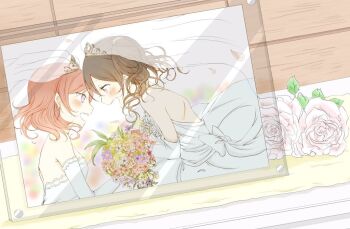  2girls black_hair blush bouquet bridal_veil bride commentary_request dress eye_contact female_focus flower holding holding_bouquet looking_at_another love_live! love_live!_school_idol_project multiple_girls nishikino_maki photo_(object) picture_frame purple_eyes red_eyes red_hair rose short_twintails smile twintails udon_(ko-tamu-110309) veil wedding wedding_dress white_dress wife_and_wife yazawa_nico yuri 