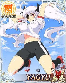 1girl :o arms_up ass bike_shorts border breasts card_(medium) character_name day eyepatch facing_to_the_side game_cg gluteal_fold groin gym_shirt gym_uniform jumping large_breasts long_hair midair navel official_art red_eyes senran_kagura senran_kagura_new_wave shirt shuriken_hair_ornament solo sweat third-party_source twintails very_long_hair white_hair white_shirt yagyu_(senran_kagura)