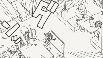  2boys 3girls :o blush booth_seating braid check_commentary commentary_request emphasis_lines facial_hair food himedanshi holding holding_tray horideiyasumi mob_face monochrome motion_blur motion_lines multiple_boys multiple_girls mustache original parfait pointing pointing_at_another ponytail restaurant school_uniform shipping_(fandom) spoon tray twin_braids waiter wide-eyed yuri 