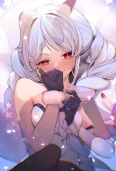  1girl 1other animal_ear_fluff animal_ears bare_arms bare_shoulders black_gloves black_pantyhose blue_hair blush braid breasts coat coat_dress commentary_request covering_own_mouth dokkumaa dress fur-trimmed_gloves fur_trim gloves highres hikimayu holding holding_own_hair hololive long_hair looking_at_viewer lying multicolored_hair on_back pantyhose pov pov_hands rabbit-shaped_pupils rabbit_ears rabbit_girl red_eyes short_eyebrows sidelocks small_breasts swept_bangs symbol-shaped_pupils thick_eyebrows twin_braids two-tone_hair usada_pekora usada_pekora_(1st_costume) virtual_youtuber white_coat white_hair 