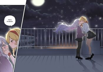  2girls absurdres blonde_hair breasts commentary english_commentary grey_hair highres hololive hololive_english hololive_indonesia jewel_under_eye kaela_kovalskia kiss koseki_bijou large_breasts long_hair moon multicolored_hair multiple_girls purple_eyes purple_hair raikkonen red_eyes rooftop school_uniform smile virtual_youtuber yuri 