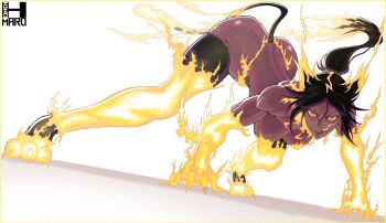 1girl adversarial_noise all_fours alternate_form animal_ears ass bleach bleach:_sennen_kessen-hen breasts cat_ears cat_tail claws commentary dark-skinned_female dark_skin electricity electrokinesis hair_ears highres kinohmaro large_breasts licking_lips looking_at_viewer ponytail purple_hair shihouin_yoruichi solo tail thighhighs toned toned_female tongue tongue_out top-down_bottom-up yellow_eyes