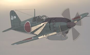  absurdres aircraft airplane cannon cockpit commentary_request external_fuel_tank flying gradient_background grey_background highres j2m_raiden military_vehicle no_humans original propeller propeller_fighter simple_background tbf_(torigoya) vehicle_focus wings yellow_background 