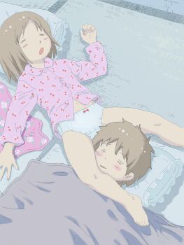  1boy 1girl accidental_exposure accidental_pervert barefoot blanket blush bow bow_panties brown_hair child closed_eyes crotch_pillow feet futon head_between_legs highres loli lying no_panties on_back open_mouth original pajamas panties pillow red_bow short_hair sleeping tatami tsuzuki_kazuhiko underwear white_panties  rating:Sensitive score:135 user:Dweenie