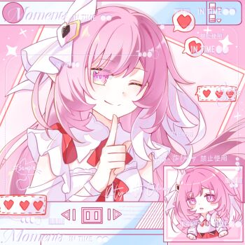  1girl ;) alternate_costume commentary_request diamond-shaped_pupils diamond_(shape) elysia_(herrscher_of_human:_ego)_(honkai_impact) elysia_(honkai_impact) finger_to_mouth hair_ornament heart highres honkai_(series) honkai_impact_3rd ke_ke_xiang_zhu livestream long_hair looking_at_viewer multicolored_hair one_eye_closed pink_hair purple_eyes shirt smile spoken_heart symbol-shaped_pupils two-tone_hair very_long_hair white_hair white_shirt 