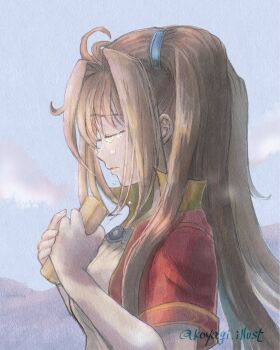  1girl brown_hair commentary crying eiyuu_densetsu english_commentary estelle_bright furrowed_brow hair_intakes harmonica highres holding holding_instrument instrument koyagistock long_hair outdoors sad solo sora_no_kiseki standing twintails upper_body 