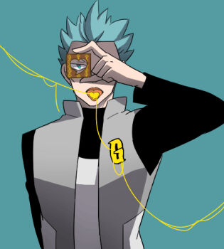  1boy arm_behind_back arm_up black_sleeves blue_background blue_eyes blue_hair candy candy_heart coat commentary_request covering_one_eye cyrus_(pokemon) eating facing_viewer food grey_coat hair_slicked_back high_contrast holding holding_paper looking_ahead lowres male_focus nintendo open_clothes open_coat open_mouth paper paper_cutout pokemon pokemon_dppt string string_of_fate sun-baby tongue tongue_out upper_body 