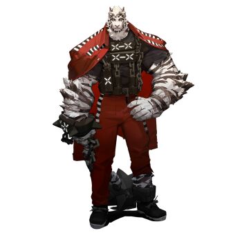  1boy animal_ears arknights bara black_tank_top chain chain_necklace full_body furry furry_male hand_on_own_hip jacket jacket_on_shoulders jewelry large_hands looking_at_viewer male_focus mountain_(arknights) muscular muscular_male necklace official_art pants pectorals prison_clothes red_pants scar scar_across_eye scar_on_arm scar_on_face shirt short_hair solo standing tail tank_top thick_eyebrows tiger_boy tiger_ears tiger_stripes tiger_tail torn_clothes transparent_background weapon white_background white_fur white_hair wincalblanke 