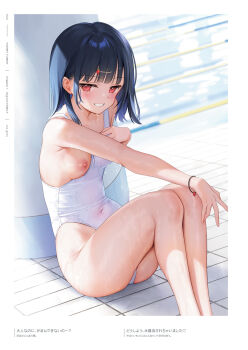1girl black_hair blush breasts covered_navel hair_ornament hairclip highleg highleg_one-piece_swimsuit highres ichigo_(mignon) looking_at_viewer medium_breasts mignon nipples one-piece_swimsuit original parted_lips pool red_eyes shiny_skin short_hair simple_background sitting small_breasts solo swimsuit thighs white_swimsuit rating:Questionable score:116 user:danbooru