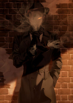  1boy absurdres black_gloves black_scarf brick_wall buttons coat commentary_request cowboy_shot fedora gloves glowing glowing_eye hand_in_pocket hat highres looking_at_viewer no_humans no_pupils object_head one-eyed original scarf smoke smoking smoking_pipe solo trench_coat utanagi_00 